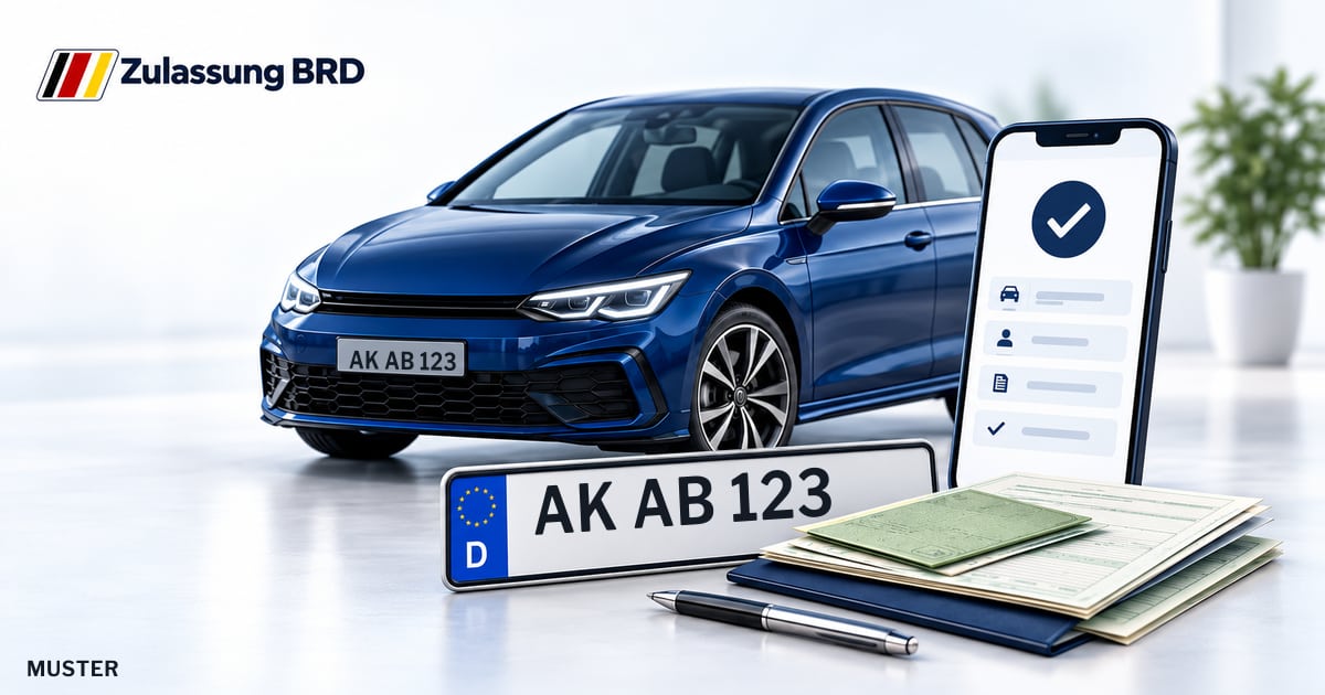 Online Fahrzeugzulassung in Betzdorf: Musterkennzeichen AK AB 123, Auto und Fahrzeugpapiere und Smartphone. Illustration mit Logo von Zulassung BRD.